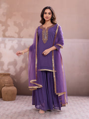 Embroidered Round Neck Kurta & Sharara With Dupatta