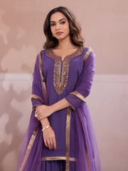 Embroidered Round Neck Kurta & Sharara With Dupatta