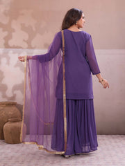 Embroidered Round Neck Kurta & Sharara With Dupatta