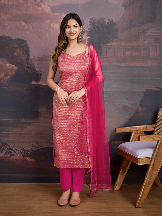 Paisley Woven Designed Shoulder Straps Kurta & Trousers With Dupatta