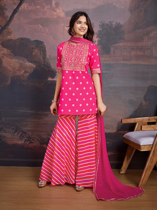Bandhani Printed Round Neck Kurta & Sharara With Dupatta