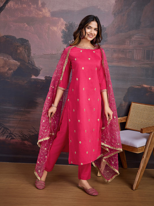 Ethnic Motifs Kurta Set With Embroidered Dupatta