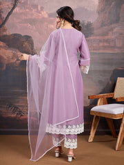 Lace Work Panelled Square Neck Straight Kurta &Trousers With Dupatta
