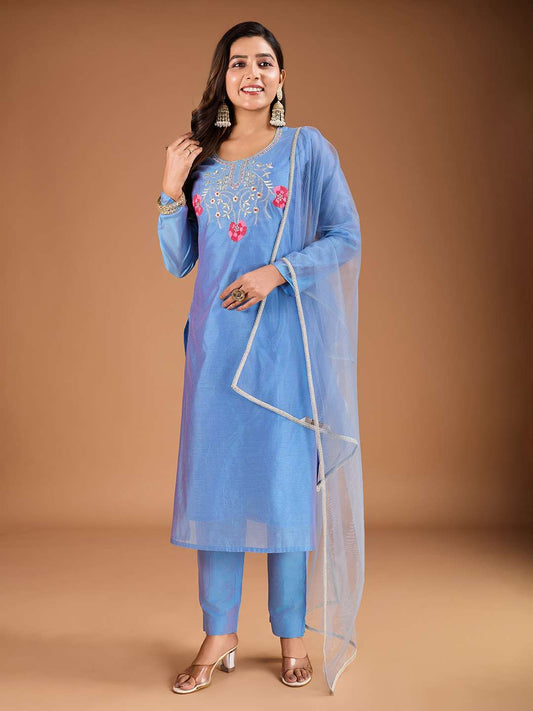 Embroidered Kurta With Trousers & Dupatta