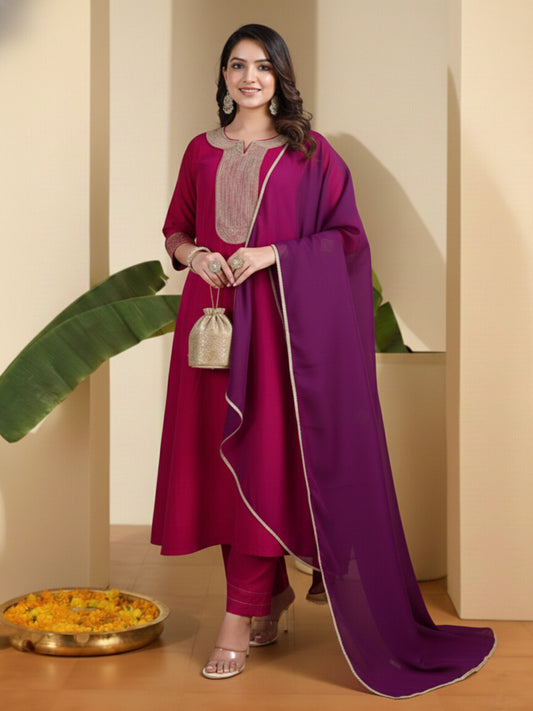 Women Ethnic Motifs Embroidered Regular Thread Work Kurta with Trousers & With Dupatta