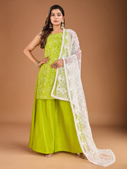 Embroidered Kurta With Palazzo & Dupatta