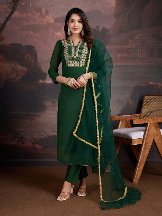 Women Ethnic Motifs Embroidered Kurta with Trouser & Dupatta