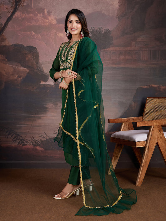 Women Ethnic Motifs Embroidered Kurta with Trouser & Dupatta