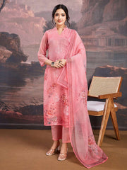 Printed Mandarin Collar Organza Straight Kurta With Trouser And Dupatta