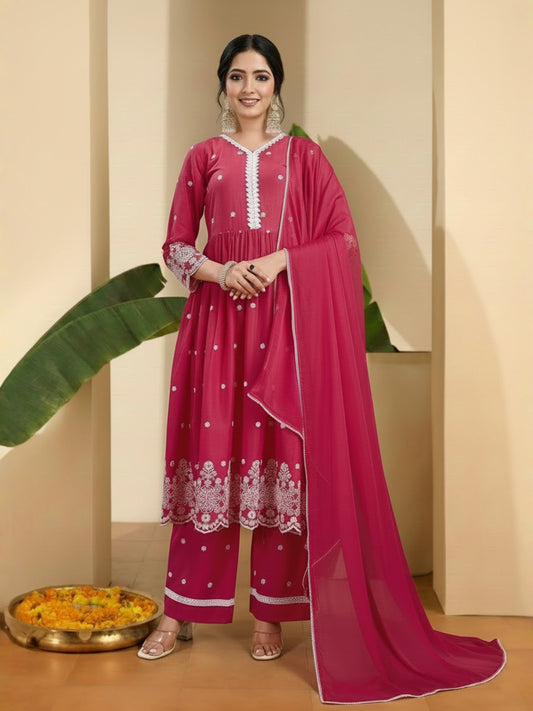 Women Ethnic Motifs Embroidered Tiered Thread Work Kurta with Trousers & With Dupatta
