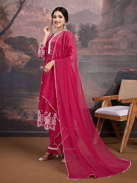 Floral Thread Embroidered A-Line Kurta & Trousers With Dupatta