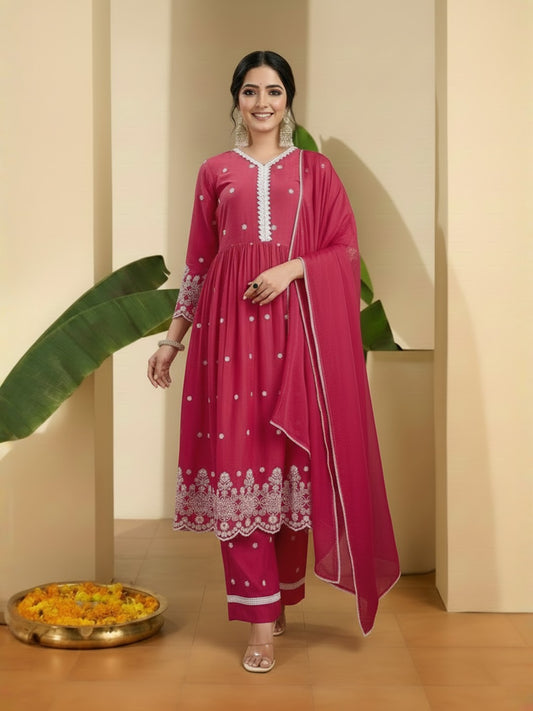 Women Ethnic Motifs Embroidered Tiered Thread Work Kurta with Trousers & With Dupatta