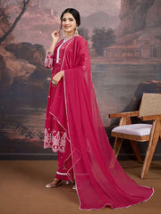Floral Thread Embroidered A-Line Kurta & Trousers With Dupatta