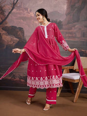 Floral Thread Embroidered A-Line Kurta & Trousers With Dupatta