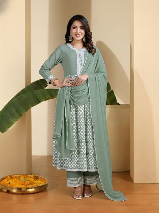 Women Ethnic Motifs Printed Empire Thread Work Kurta with Palazzos & With Dupatta
