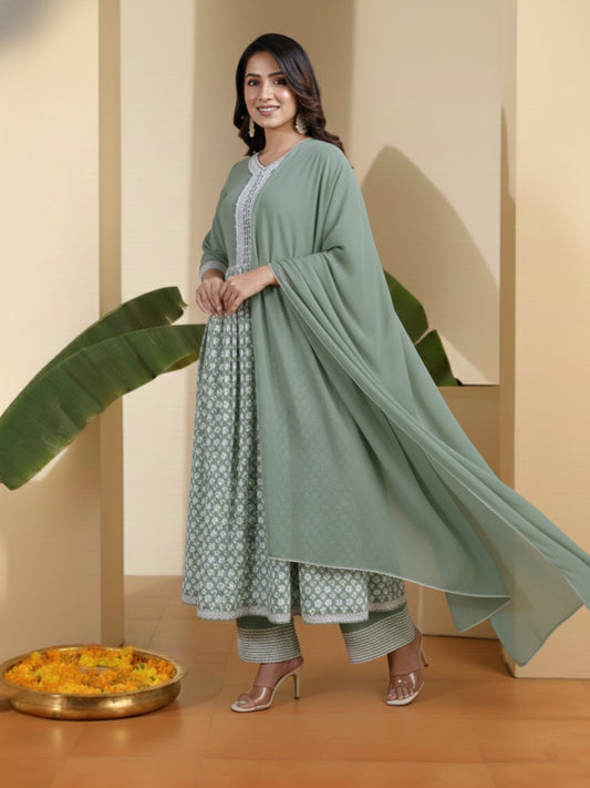 Women Ethnic Motifs Printed Empire Thread Work Kurta with Palazzos & With Dupatta