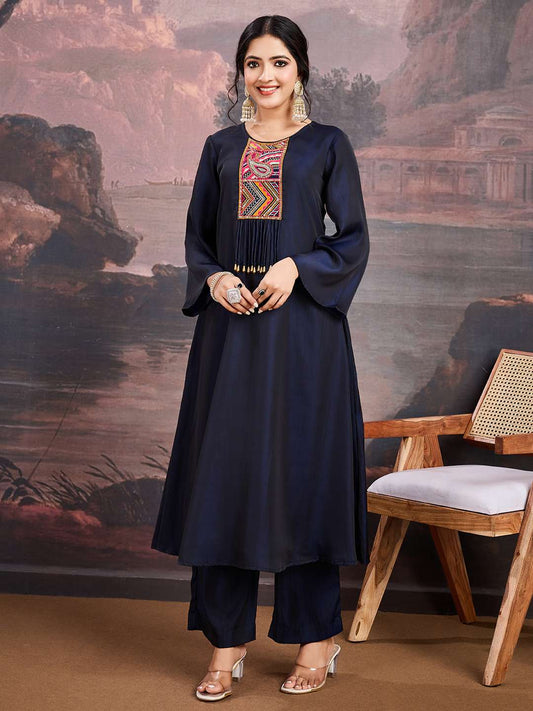 Women Ethnic Motifs Yoke Design Satin A-Line Kurta with Palazzo