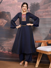 Women Ethnic Motifs Yoke Design Satin A-Line Kurta with Palazzo