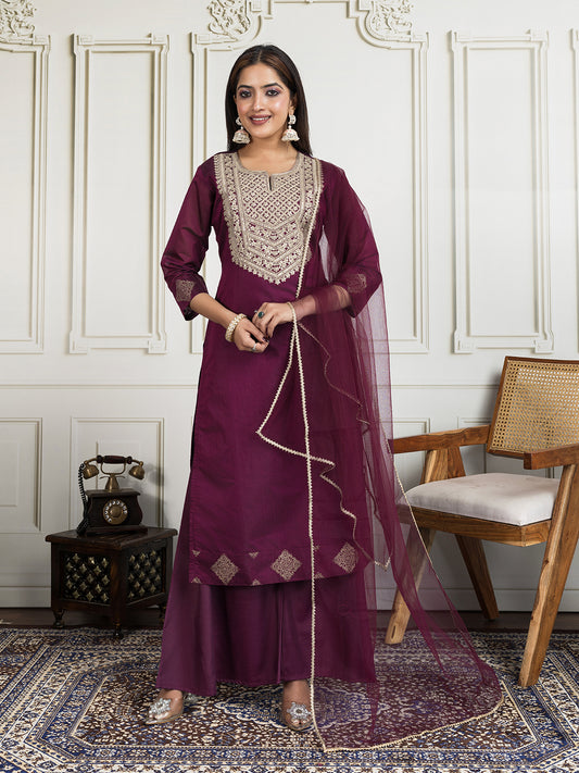 Women Floral Embroidered Kurta with Palazzo & Dupatta