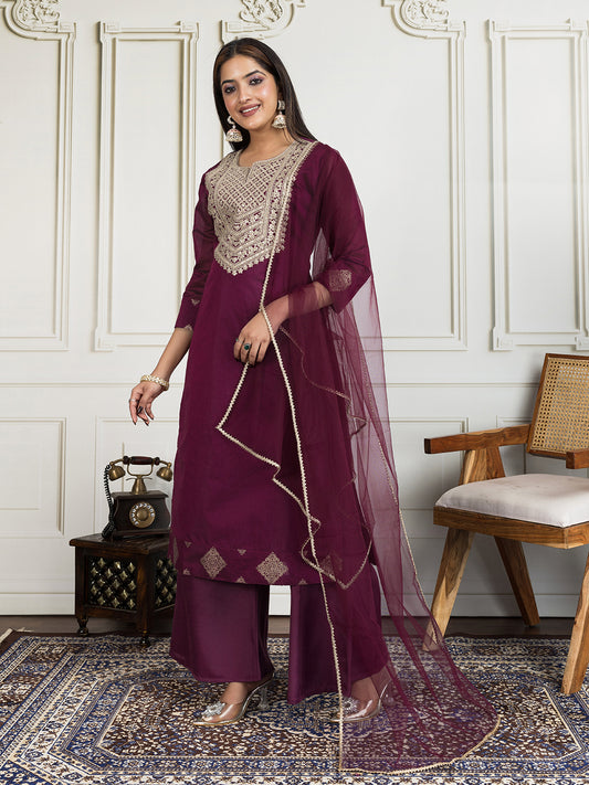Women Floral Embroidered Kurta with Palazzo & Dupatta