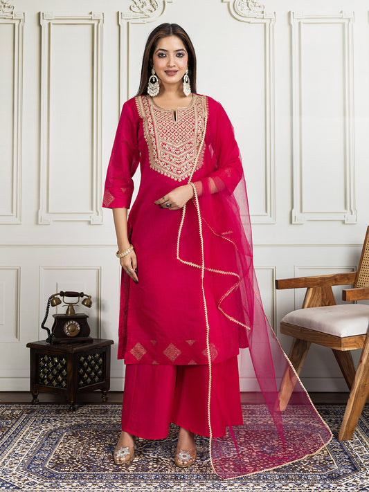 Women Floral Thread and Sequinned Embroidered Kurta Set with Dupatta