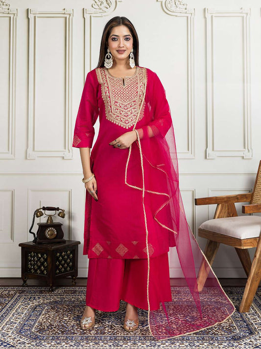 Women Floral Thread and Sequinned Embroidered Kurta Set with Dupatta