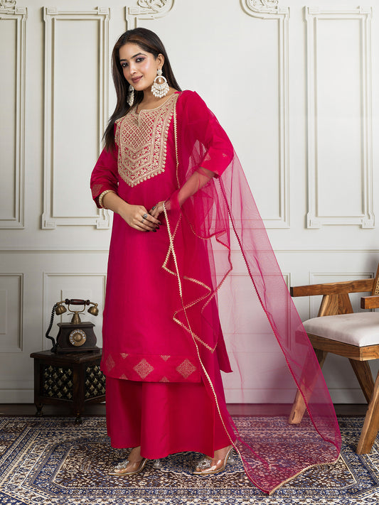 Women Floral Thread and Sequinned Embroidered Kurta Set with Dupatta