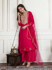 Women Floral Thread and Sequinned Embroidered Kurta Set with Dupatta
