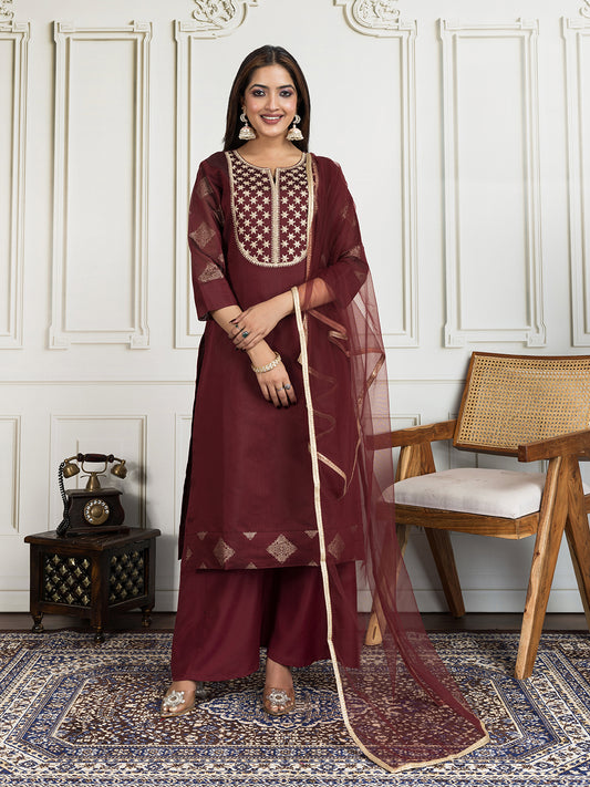 Floral Zari and Sequinned Embroidered Yoke Design Kurta Set with Dupatta