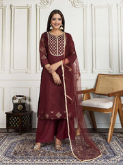 Floral Zari and Sequinned Embroidered Yoke Design Kurta Set with Dupatta
