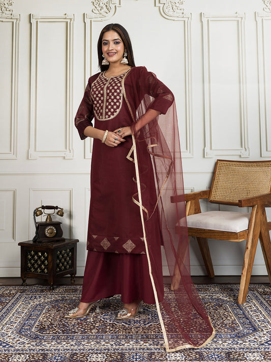 Floral Zari and Sequinned Embroidered Yoke Design Kurta Set with Dupatta