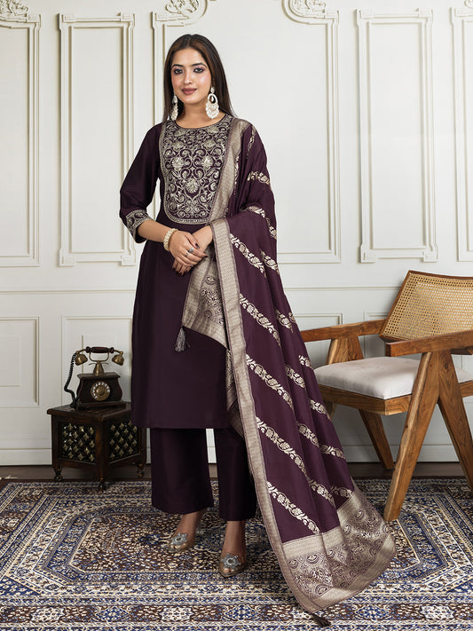 Floral Zari and Sequinned Embroidered Yoke Design Kurta Set with Dupatta