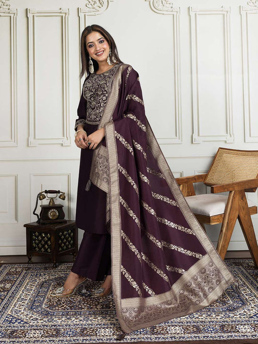 Floral Zari and Sequinned Embroidered Yoke Design Kurta Set with Dupatta