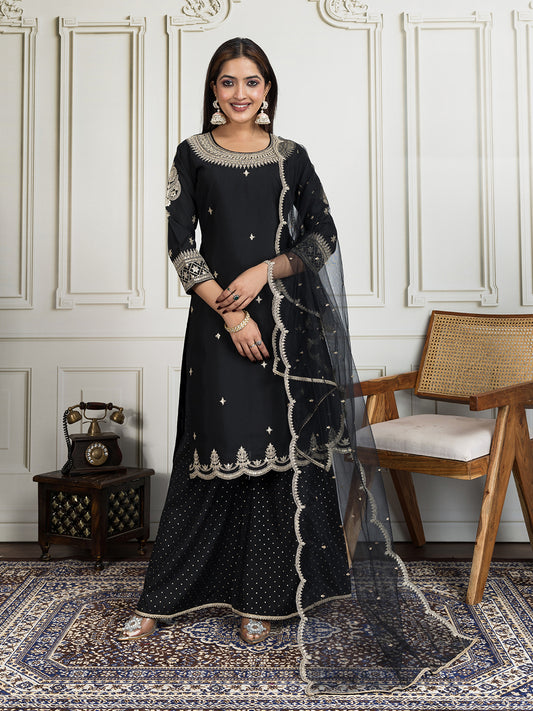 Ethnic Motifs Zari & Sequinned Embroidered A-Line Kurta Set with Dupatta