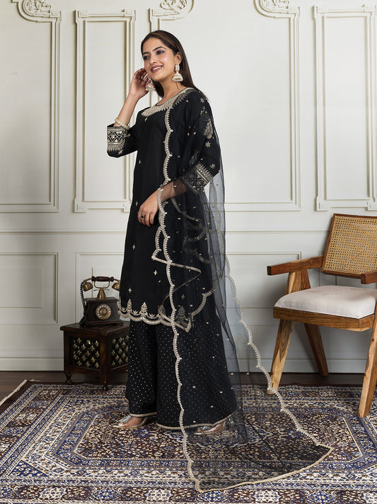 Ethnic Motifs Zari & Sequinned Embroidered A-Line Kurta Set with Dupatta