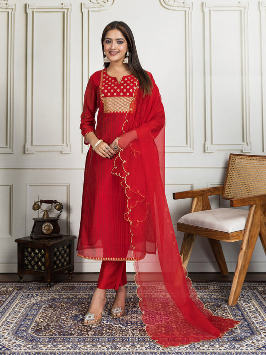 Zari & Sequin Embroidered Straight Kurta & Trouser With Dupatta