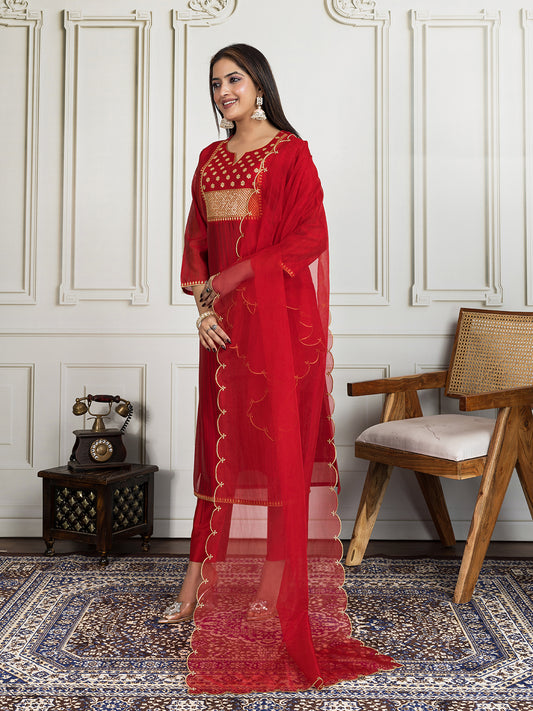 Zari & Sequin Embroidered Straight Kurta & Trouser With Dupatta