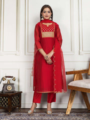 Zari & Sequin Embroidered Straight Kurta & Trouser With Dupatta