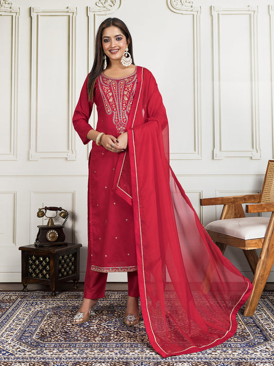 Women Ethnic Motifs Embroidered Straight Kurta Trouser & Dupatta