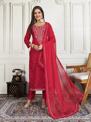 Women Ethnic Motifs Embroidered Straight Kurta Trouser & Dupatta