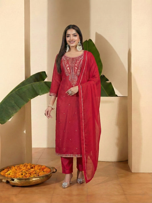 Women Ethnic Motifs Embroidered Regular Thread Work Kurta with Trousers & With Dupatta