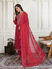 Women Ethnic Motifs Embroidered Straight Kurta Trouser & Dupatta