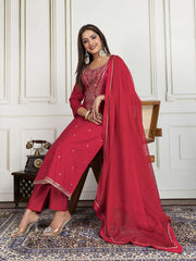 Women Ethnic Motifs Embroidered Straight Kurta Trouser & Dupatta