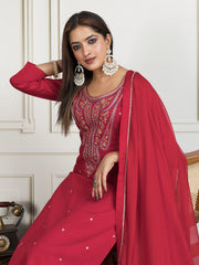 Women Ethnic Motifs Embroidered Straight Kurta Trouser & Dupatta