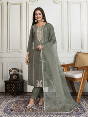 Floral Embroidered Thread Work Straight Kurta With Trouser & Dupatta