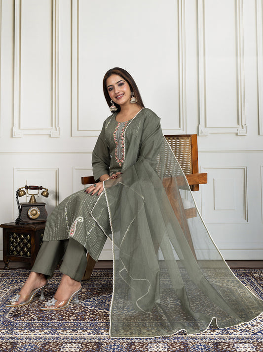 Floral Embroidered Thread Work Straight Kurta With Trouser & Dupatta