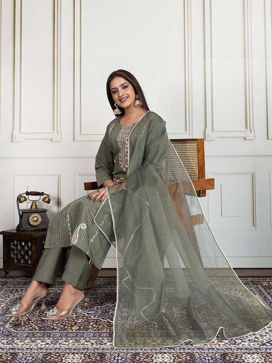 Floral Embroidered Thread Work Straight Kurta With Trouser & Dupatta