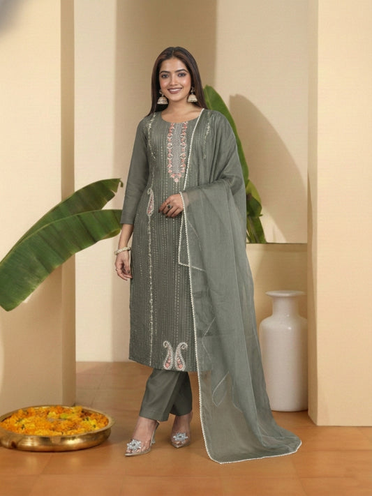 Women Ethnic Motifs Embroidered Regular Thread Work Kurta with Trousers & With Dupatta