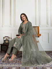 Floral Embroidered Thread Work Straight Kurta With Trouser & Dupatta