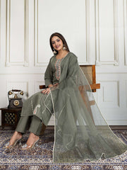 Floral Embroidered Thread Work Straight Kurta With Trouser & Dupatta